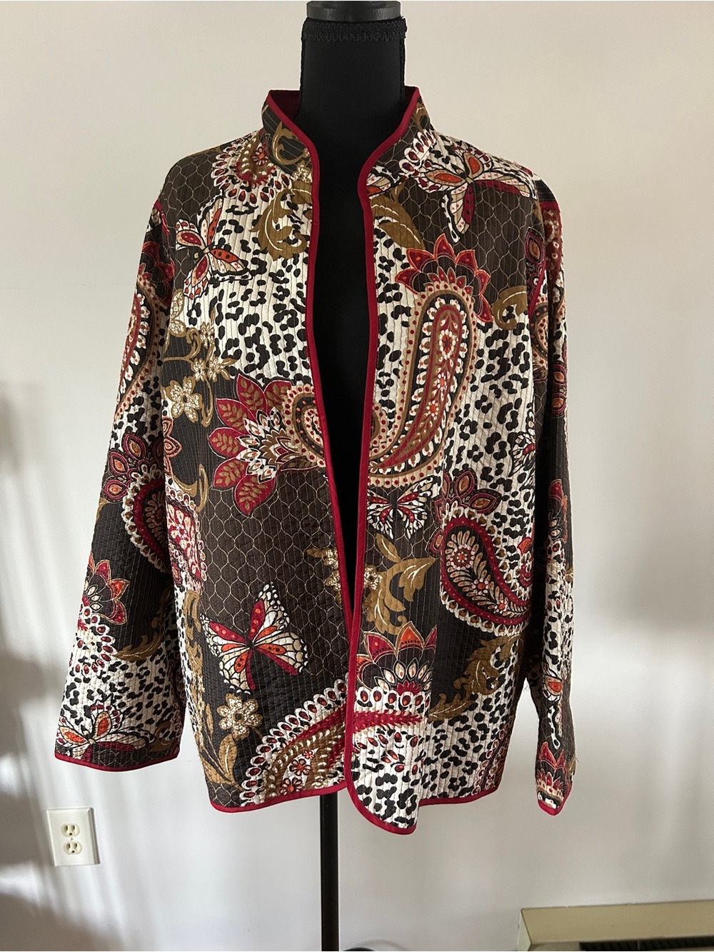 Alfred Dunner Multicolor Paisley & Butterfly Open Front Jacket with Red Trim